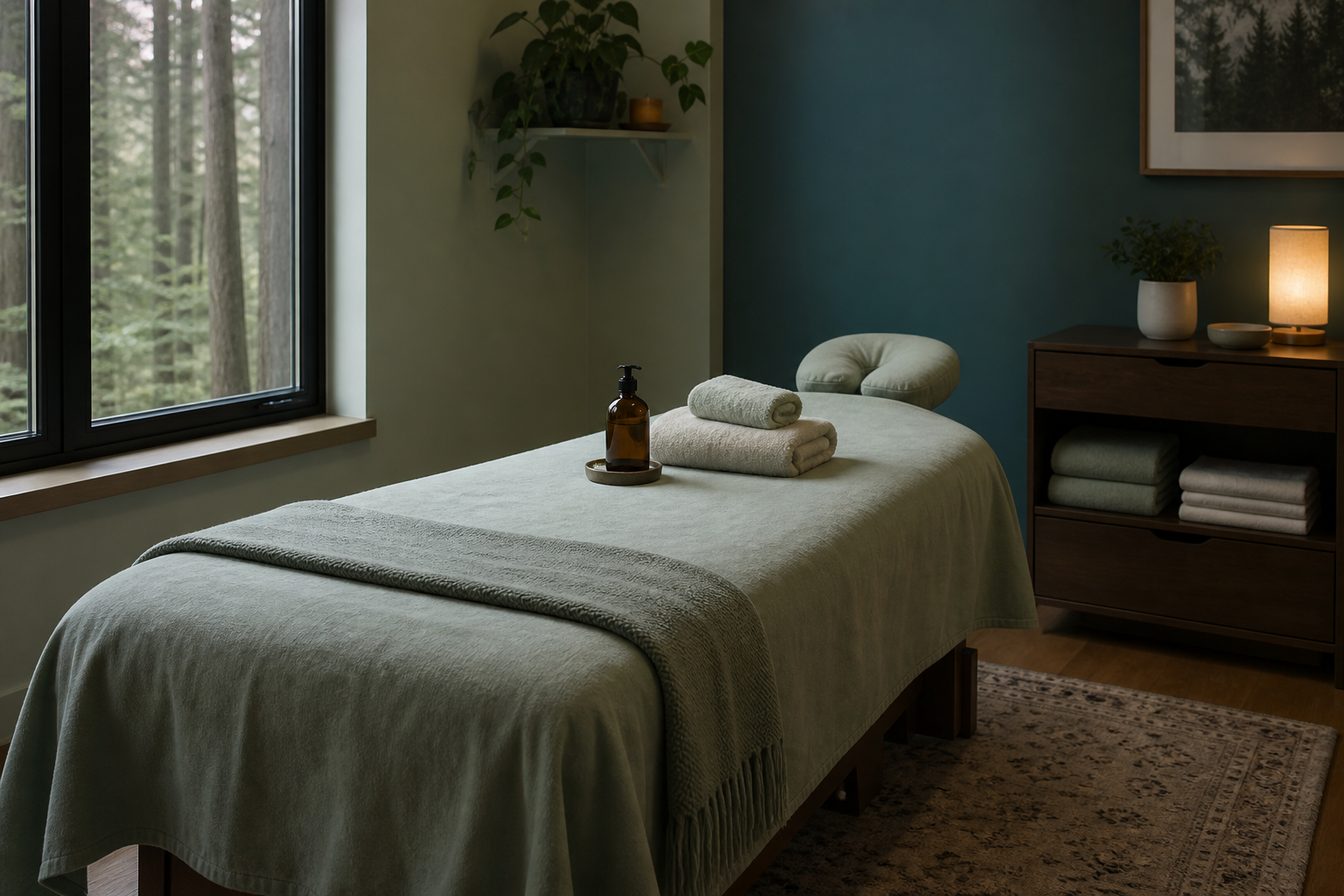 Massage treatment table with sage linens